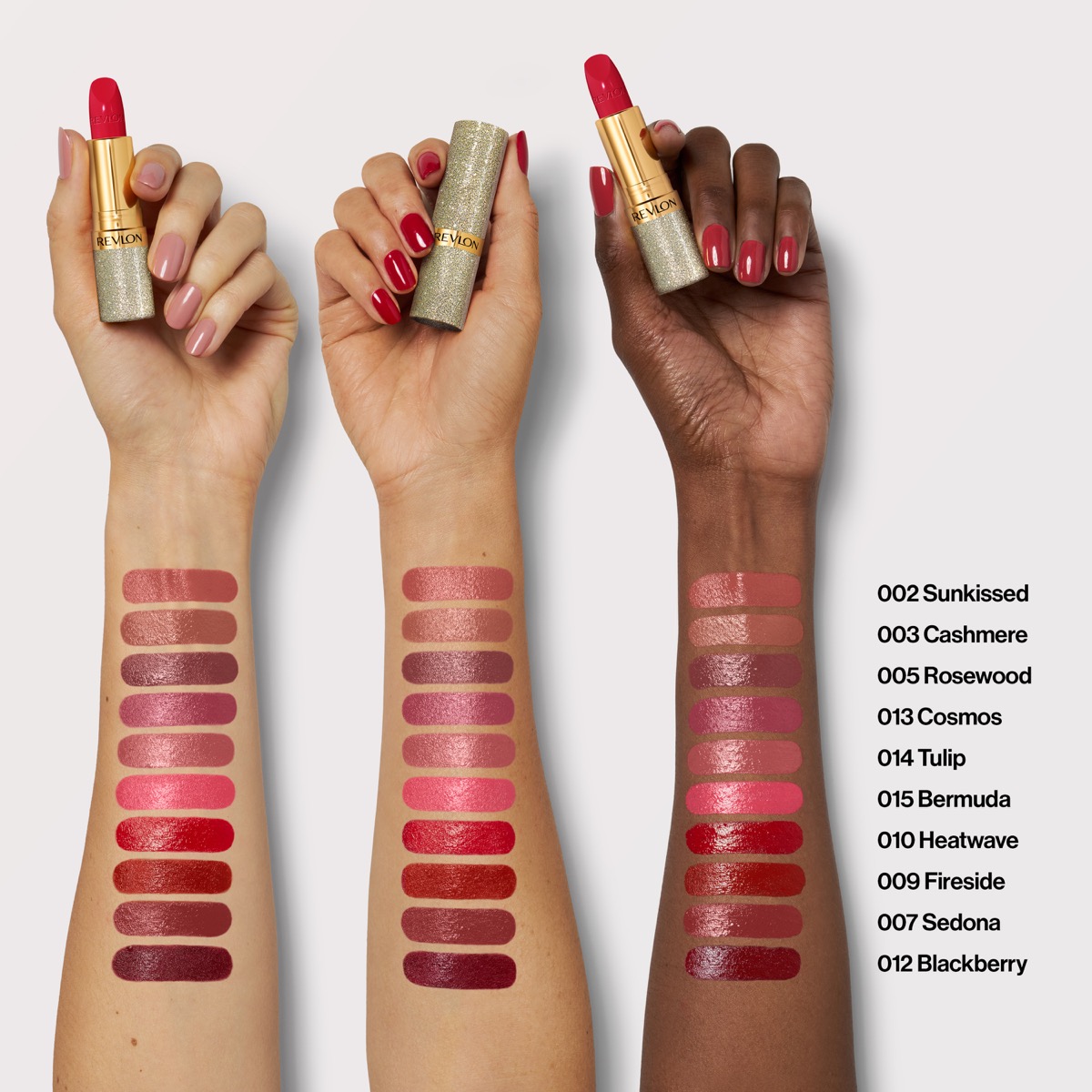 All 10 Super Lustrous Ultra shades on three skin tones